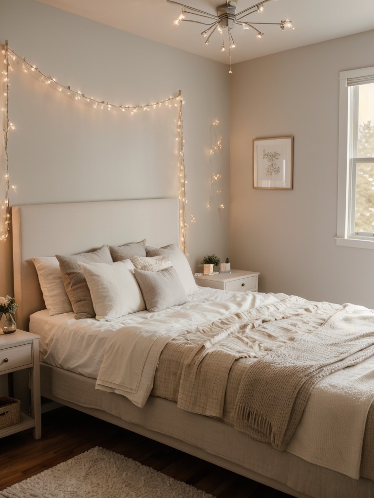 Cozy bedroom retreat with plush bedding, accent wall, and twinkling string lights for a touch of magic.