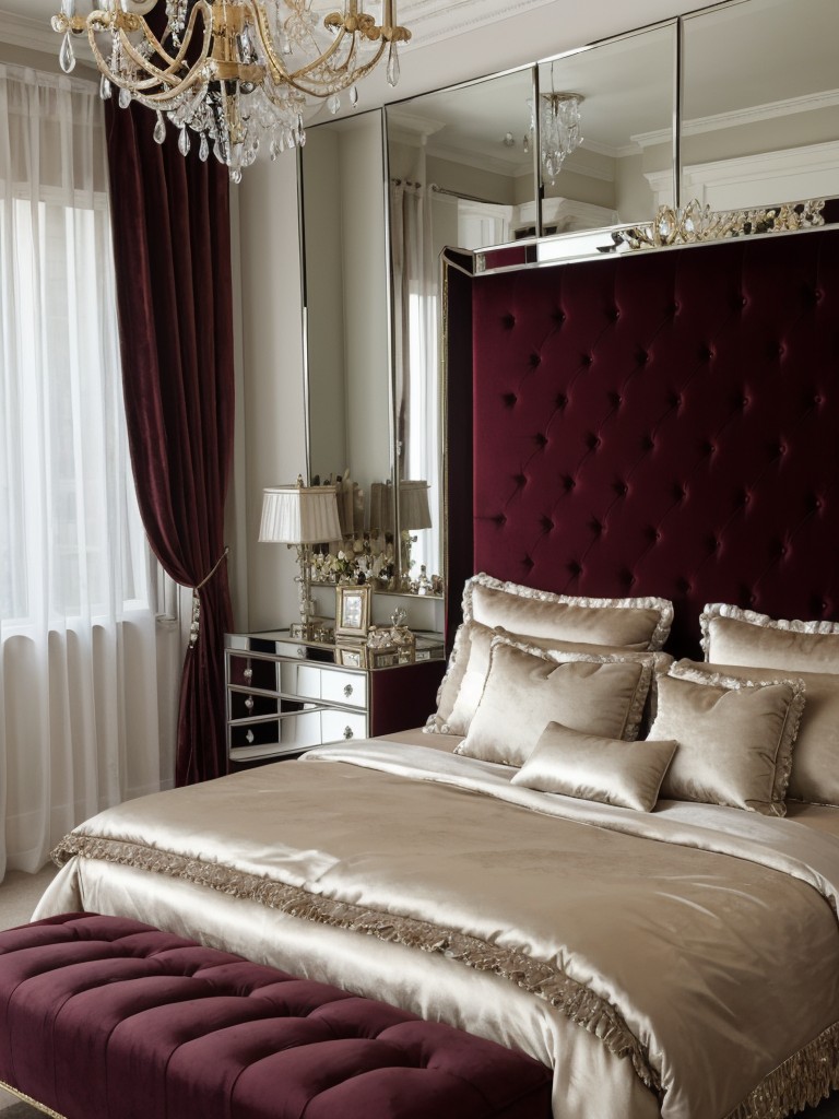 Glamorous bedroom design with a velvet headboard, mirrored furniture, and crystal chandeliers for an opulent and elegant look.