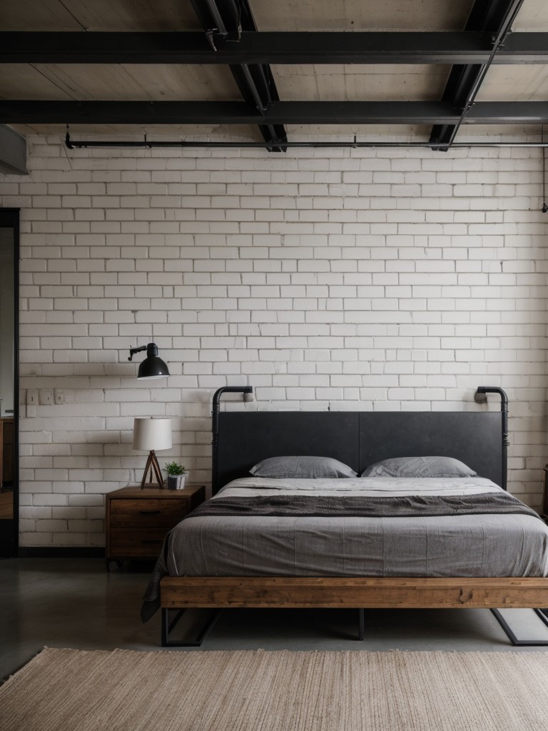 Industrial-style bedroom featuring exposed brick walls, metal accents, and minimalistic furniture for a cool and urban vibe.
