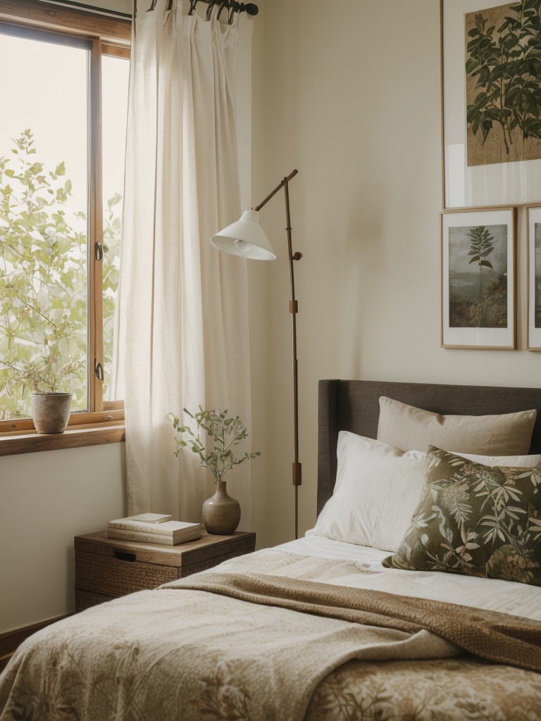 Nature-inspired bedroom decor with botanical prints, natural materials, and earthy color schemes for a tranquil and organic atmosphere.
