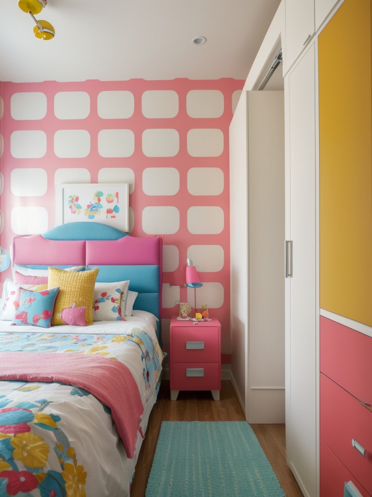 Playful kids' bedroom design with bold colors, whimsical wallpaper, and creative storage solutions to encourage imagination.