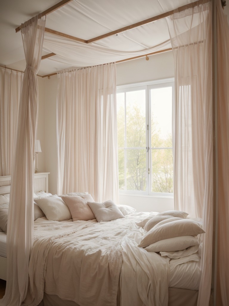 Romantic bedroom design with soft pastel colors, billowy curtains, and a cozy canopy bed to create an intimate and dreamy atmosphere.