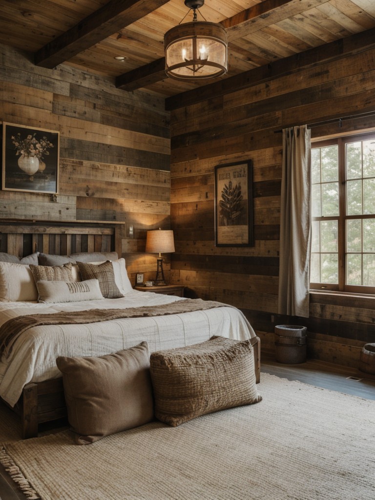 Rustic chic bedroom featuring reclaimed wood accents, cozy textiles, and vintage-inspired decor for a warm and inviting ambiance.