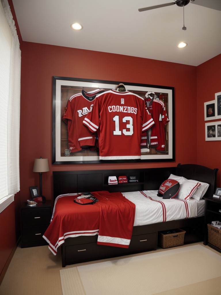 Sports-themed bedroom for a sports enthusiast with jerseys as wall decor, sports memorabilia, and a durable yet stylish design.