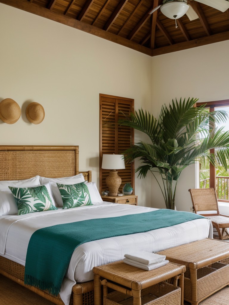 Tropical-themed bedroom with palm leaf prints, wicker furniture, and breezy fabrics to create a relaxing and vacation-like oasis.