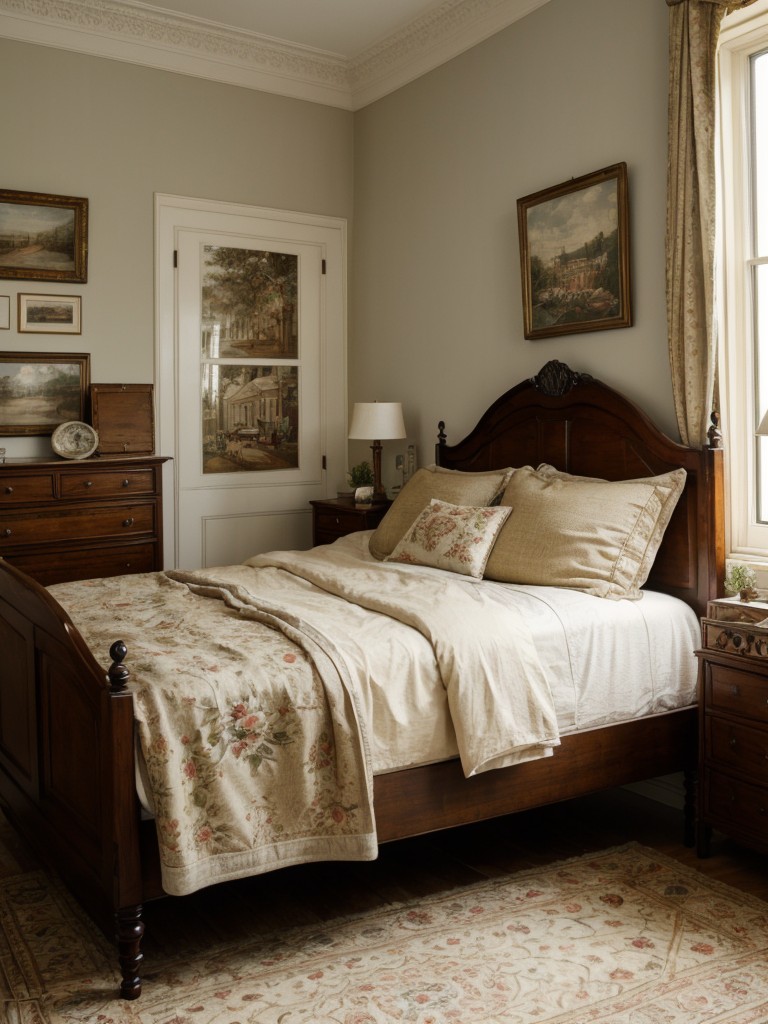 Vintage-inspired bedroom with antique furniture, vintage artwork, and luxurious fabrics for a touch of old-world charm.