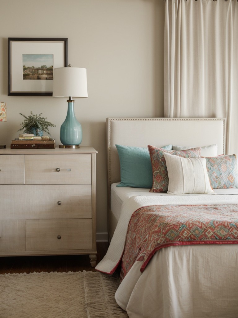 Adding pops of color through affordable accents like throw pillows or area rugs to liven up a budget-friendly bedroom design.