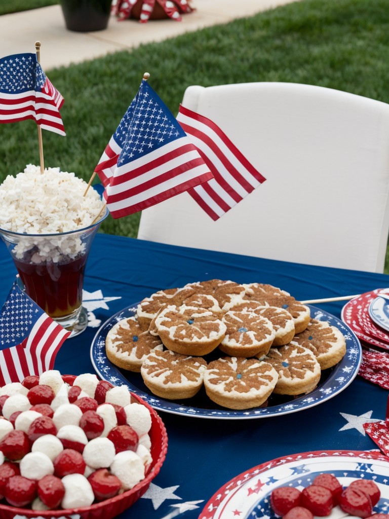 Create a festive Independence Day gathering, featuring a fireworks display, patriotic decorations, and a community potluck.