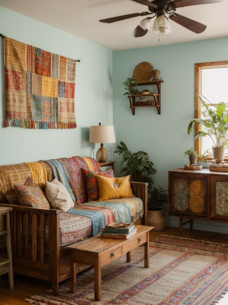 Bohemian chic style featuring a mix of patterns, vibrant textiles, and vintage furniture, adding personality to the space while maintaining comfort.