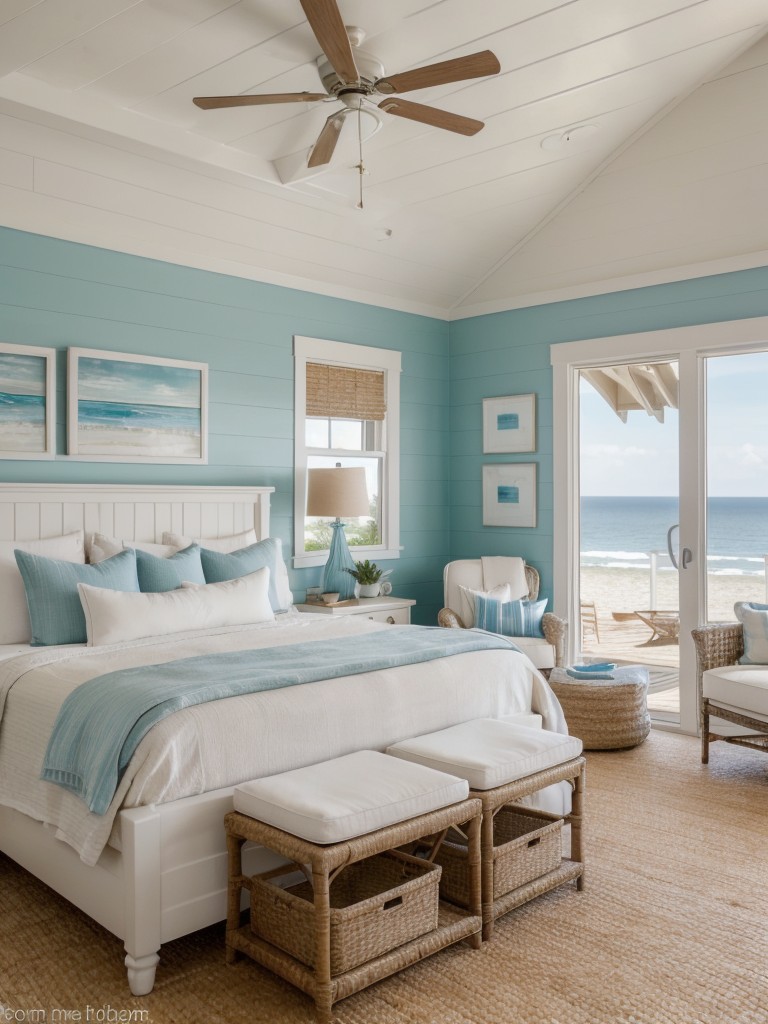Coastal-inspired decor with a light and breezy color palette, nautical elements, and natural textures, evoking a relaxing beach resort atmosphere.