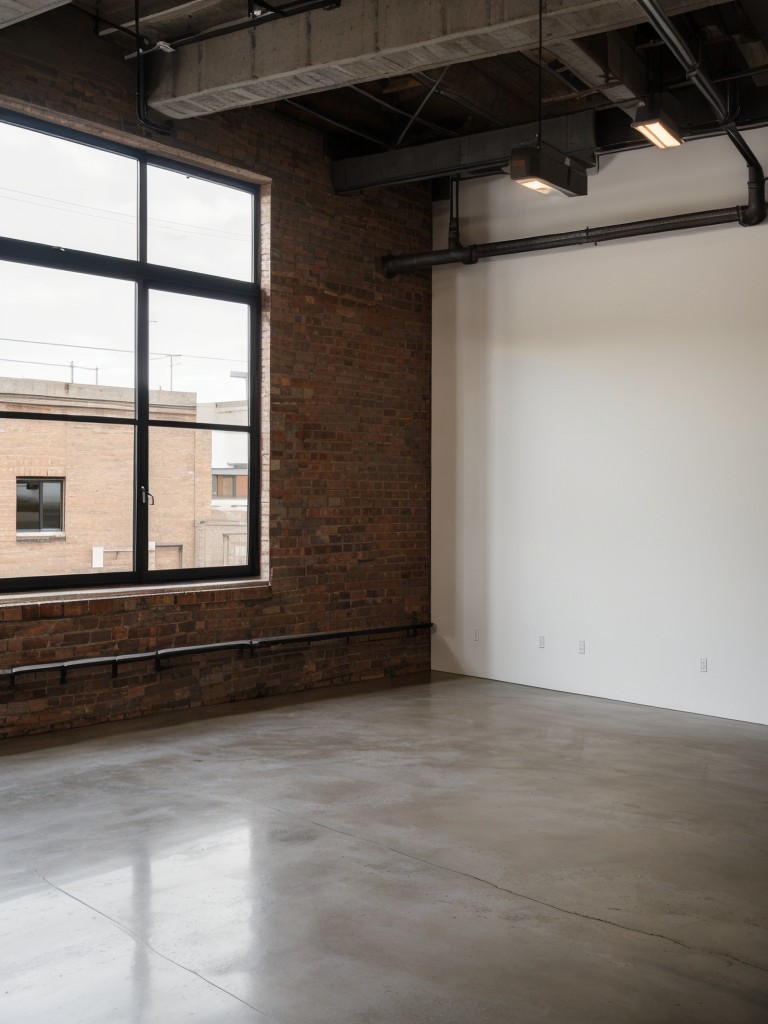 Industrial loft style showcasing exposed brick walls, concrete floors, and open concept living, emphasizing a modern and edgy vibe.