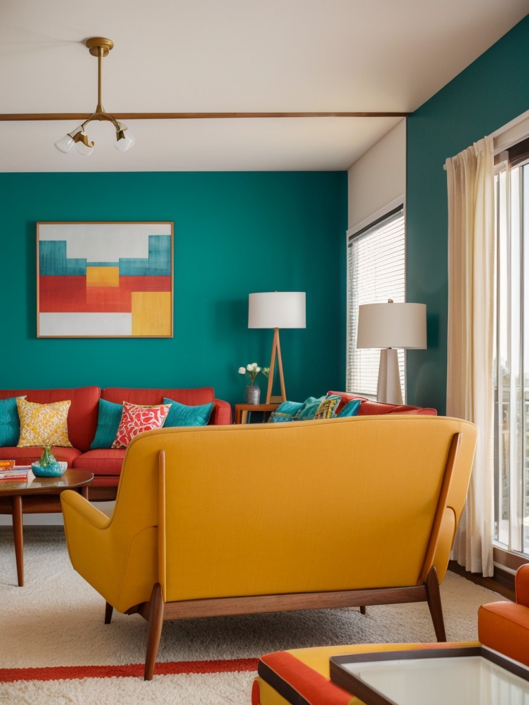 Mid-century modern design incorporating iconic furniture pieces, vibrant colors, and retro patterns, creating a timeless and stylish interior.
