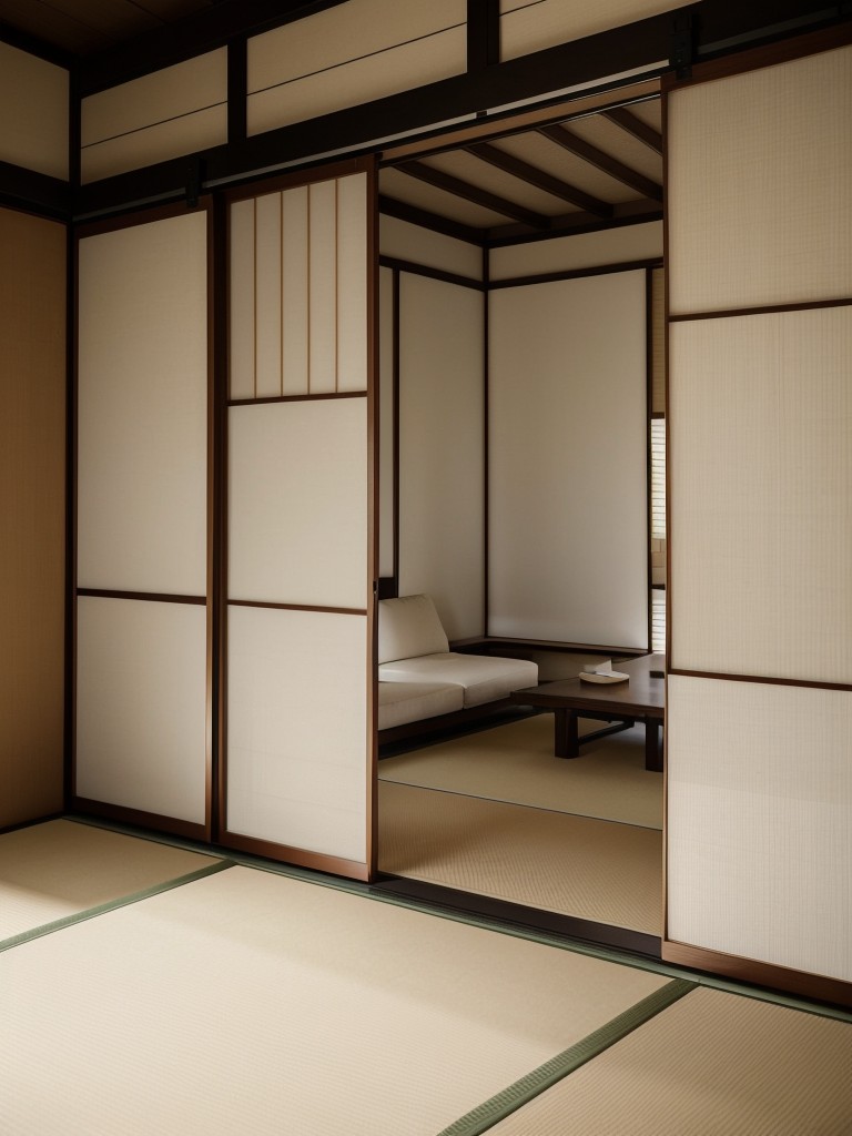 Minimalistic Japanese design with sliding doors, tatami mats, and shoji screens, creating a serene and Zen-like atmosphere.