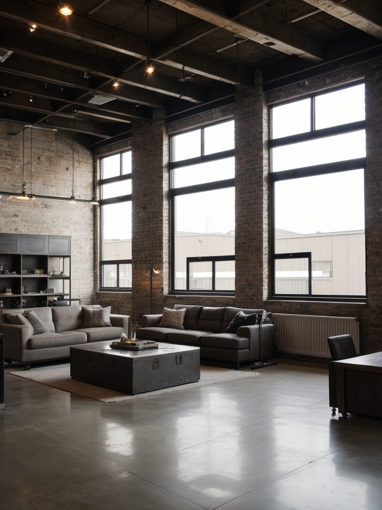 Modern industrial loft design with exposed beams, metal accents, and statement lighting, combining urban aesthetics with a touch of sophistication.