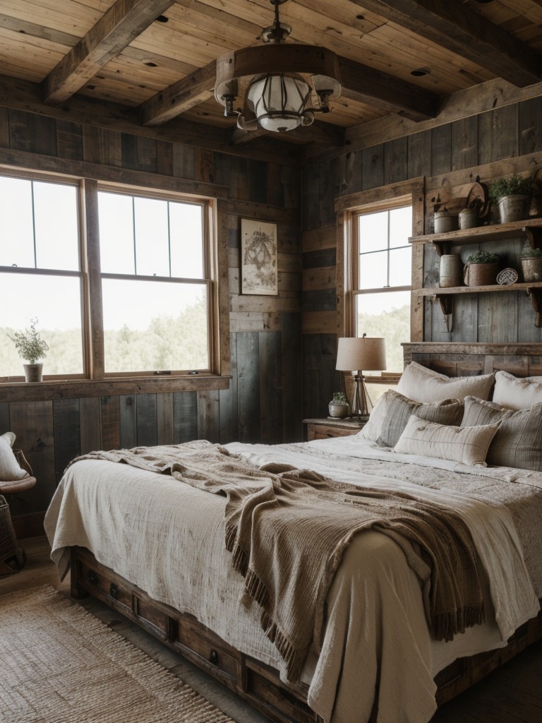 Rustic farmhouse style featuring distressed wood accents, vintage-inspired furnishings, and cozy textiles, evoking a quaint and warm country charm.