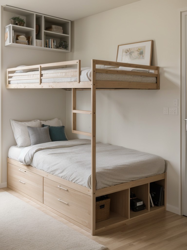 Small space optimization with a multifunctional bedroom design, incorporating a loft bed, built-in storage, and a compact work area.