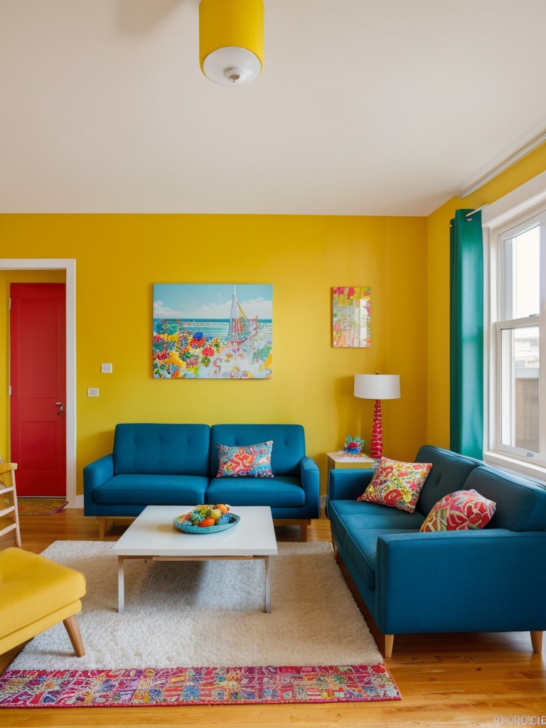 Vibrant and playful design with bright colors, bold patterns, and whimsical decor, adding energy and character to the apartment.
