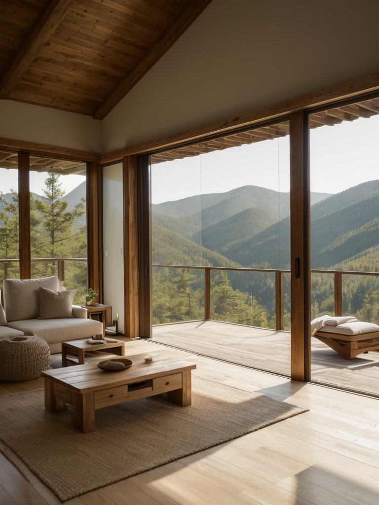 Zen-inspired interior with natural materials, neutral colors, and peaceful ambiance, promoting relaxation and tranquility.