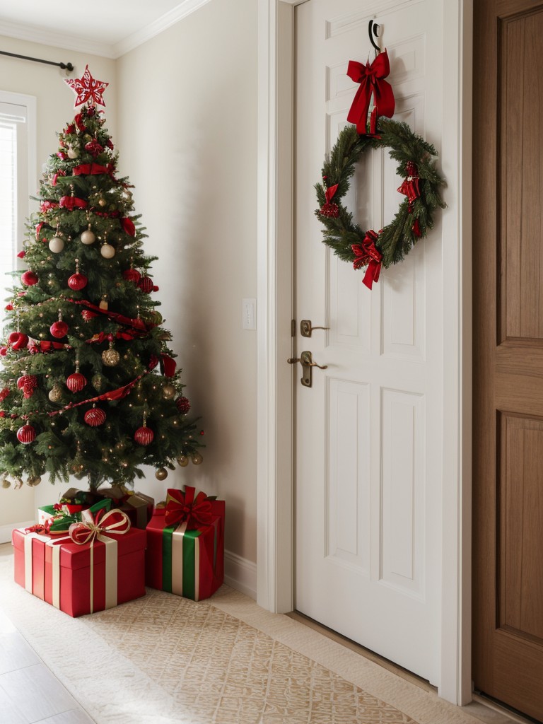 Cover your door with a festive patterned fabric or a holiday-themed wallpaper for a unique and eye-catching look.