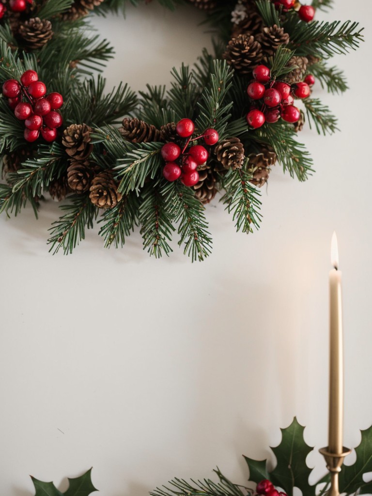 Create a festive wreath using a combination of pinecones, holly leaves, and faux berries for a traditional holiday look.