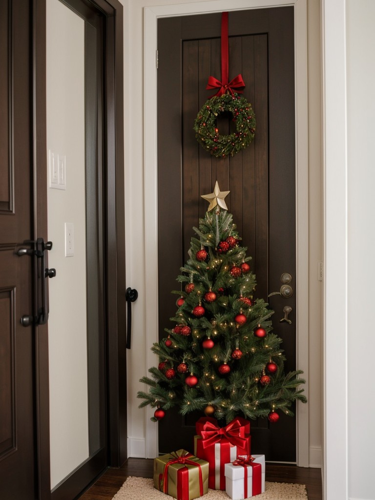 Create a rustic charm by attaching a small artificial Christmas tree to your apartment door and decorating it with miniature ornaments.