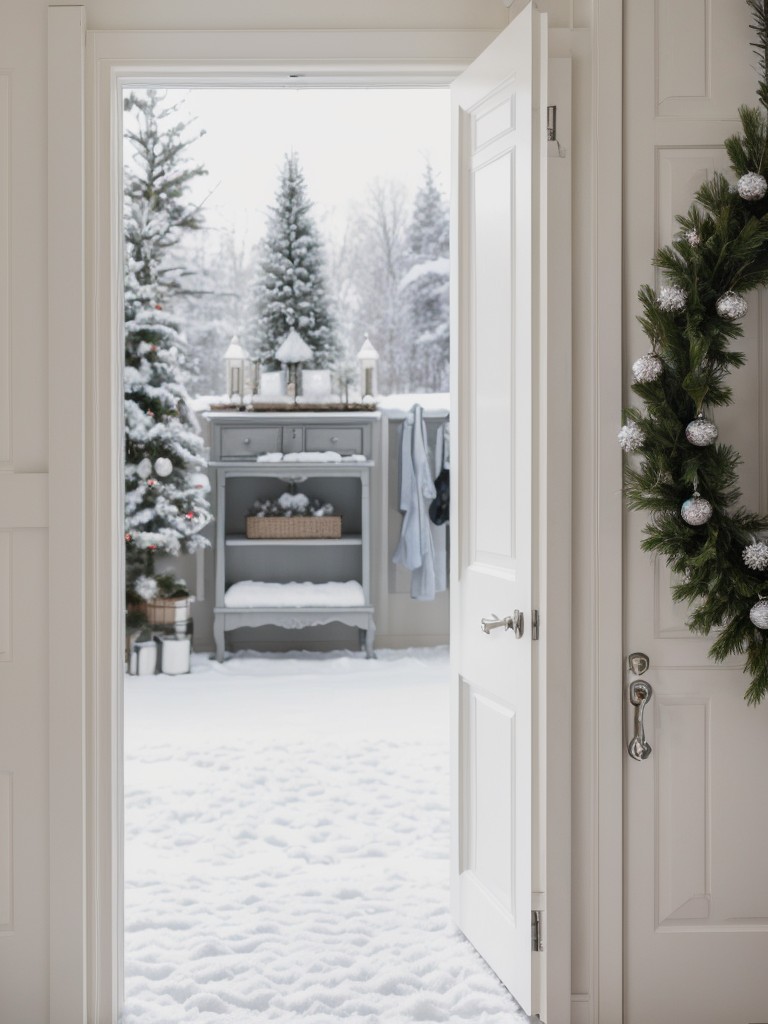 Create a winter wonderland theme by covering your door with a white faux fur garland and adding some silver snowflakes.