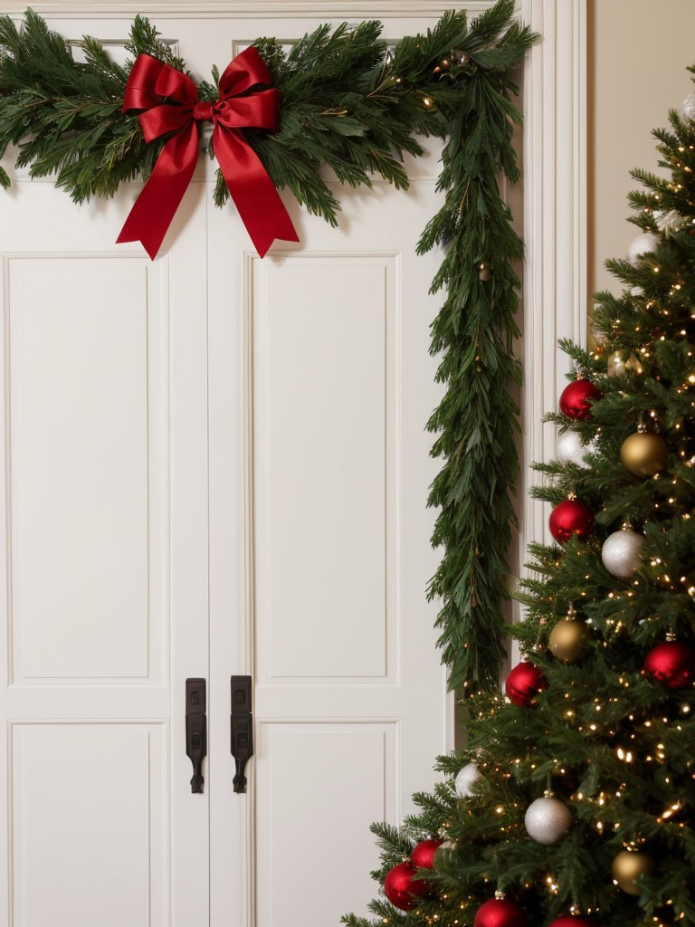 Decorate your door with a festive garland made of greenery, ribbon, and ornaments for a touch of elegance.