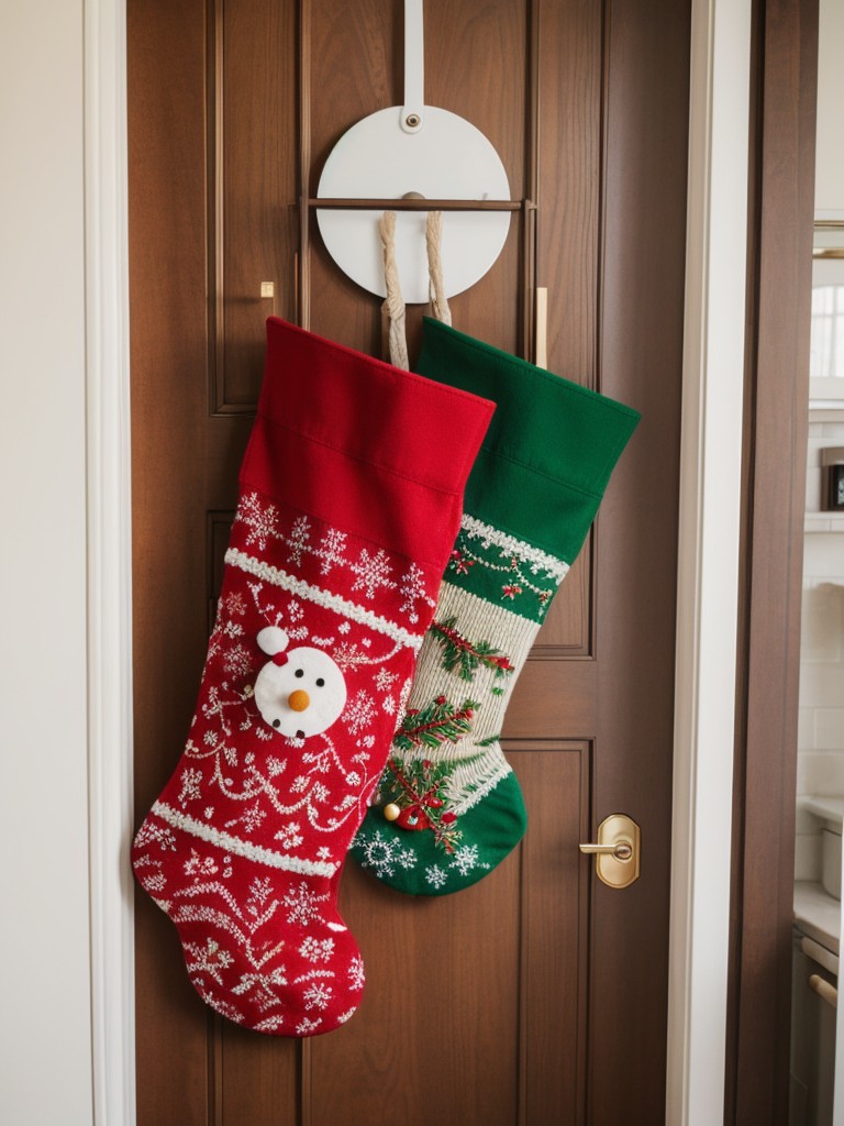 Hang a collection of colorful and whimsical holiday stockings on your apartment door for a playful touch.