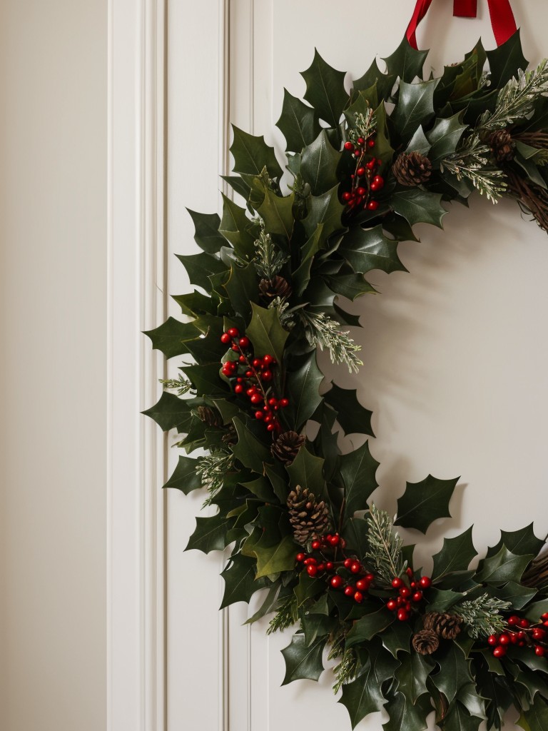 Hang a traditional and classic holiday wreath made of fresh holly leaves, evergreen branches, and pinecones.