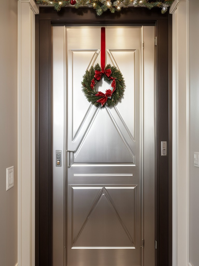 Transform your door into a giant ornament by covering it with shiny metallic paper and adding a festive bow on top.