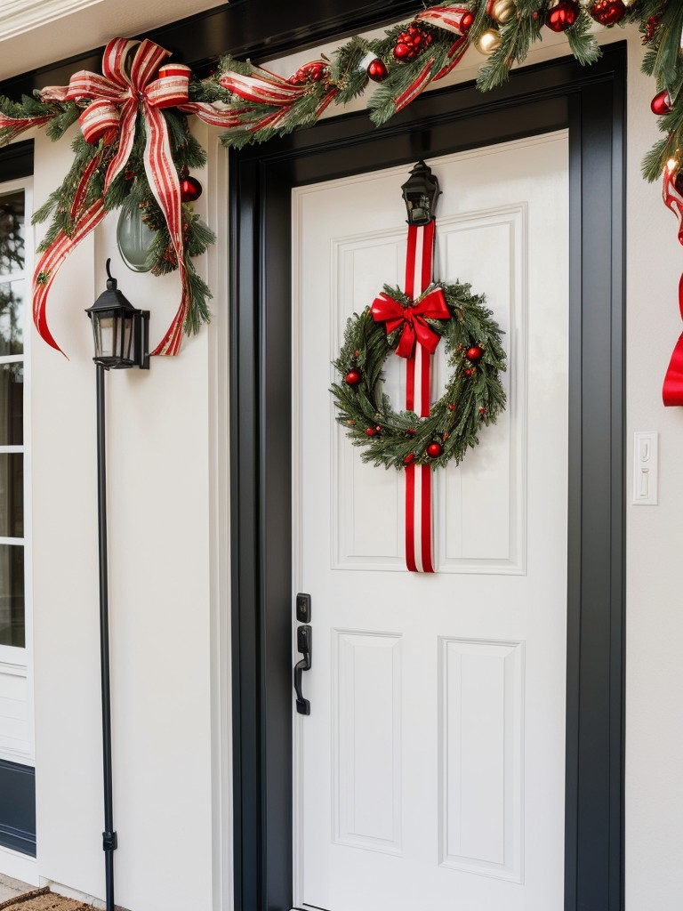 Wrap your door with a decorative holiday ribbon in a bold and festive pattern to make it stand out.