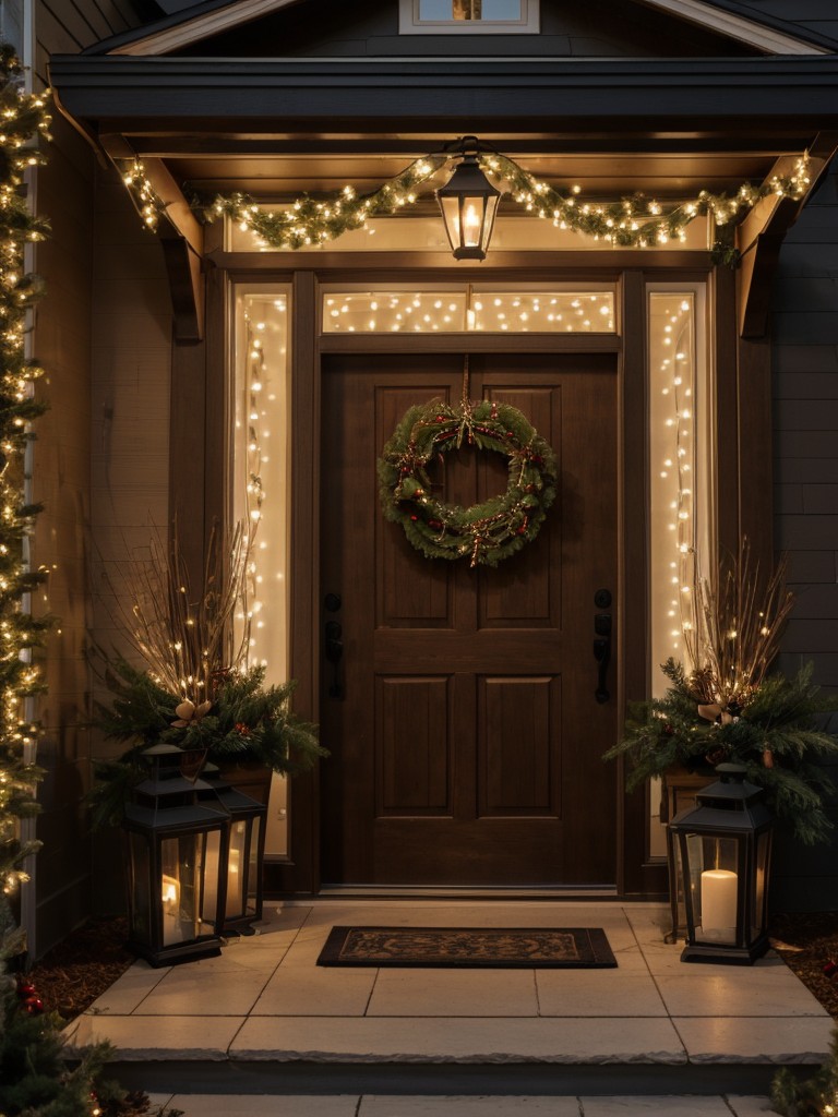 Adorning the door with a string of fairy lights, lanterns, or a seasonal wreath for a warm and inviting ambiance.