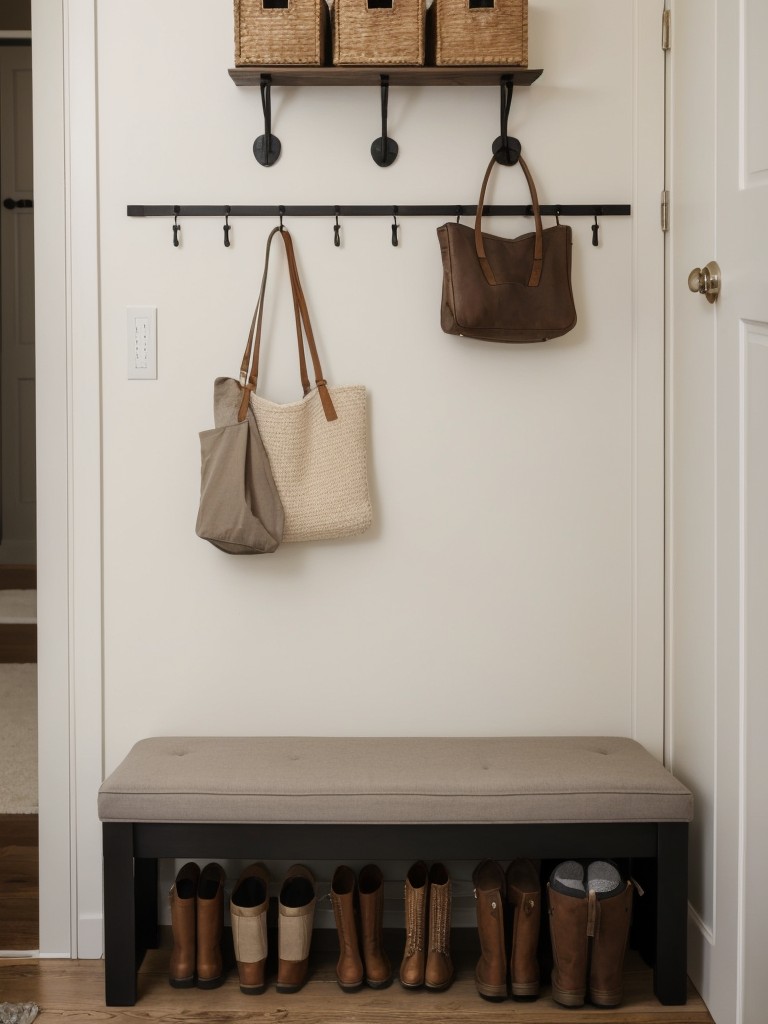 Creating a cozy entrance with wall-mounted hooks for jackets and bags, a small bench with storage, and a mirror for last-minute touch-ups.