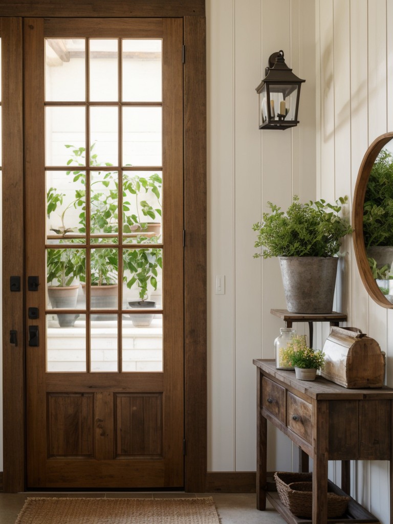 Embracing the natural look with a wooden door, potted flowers, and rustic wall sconces.