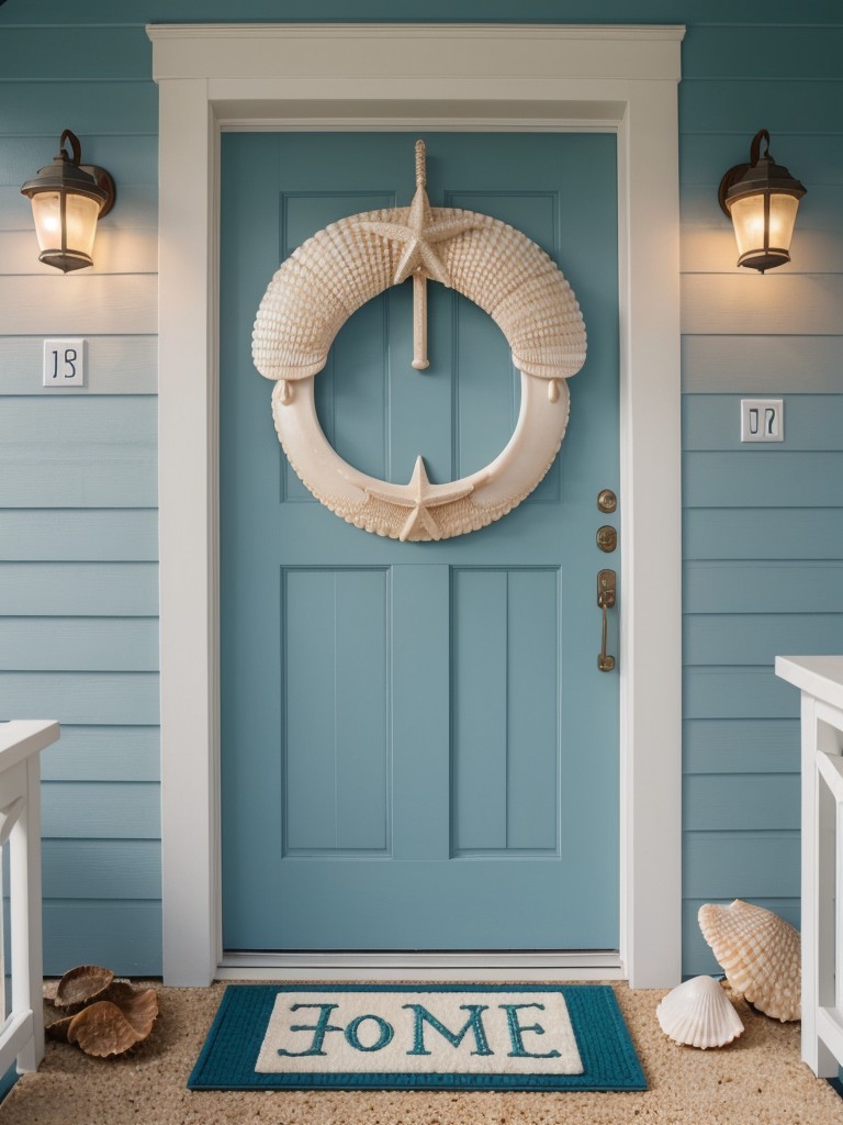 Emphasizing a coastal theme with a nautical-inspired door knocker, seashell display, and a beach-themed doormat.