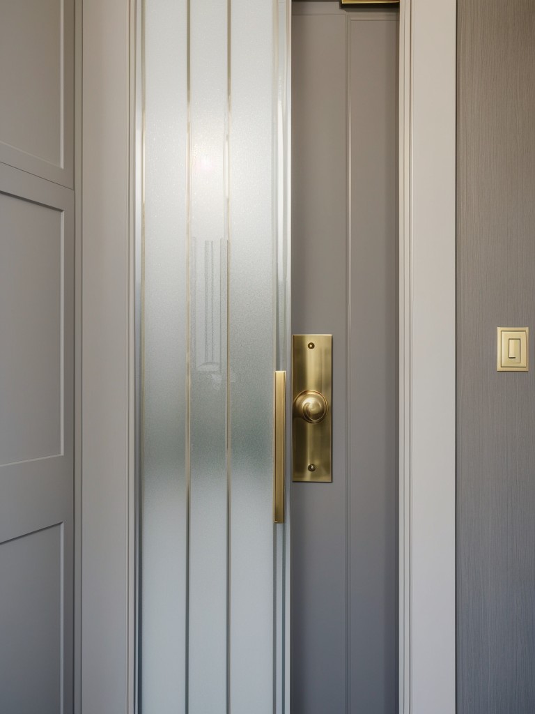 Incorporating a touch of elegance by using frosted glass on the front door, along with a brass or silver doorknob.