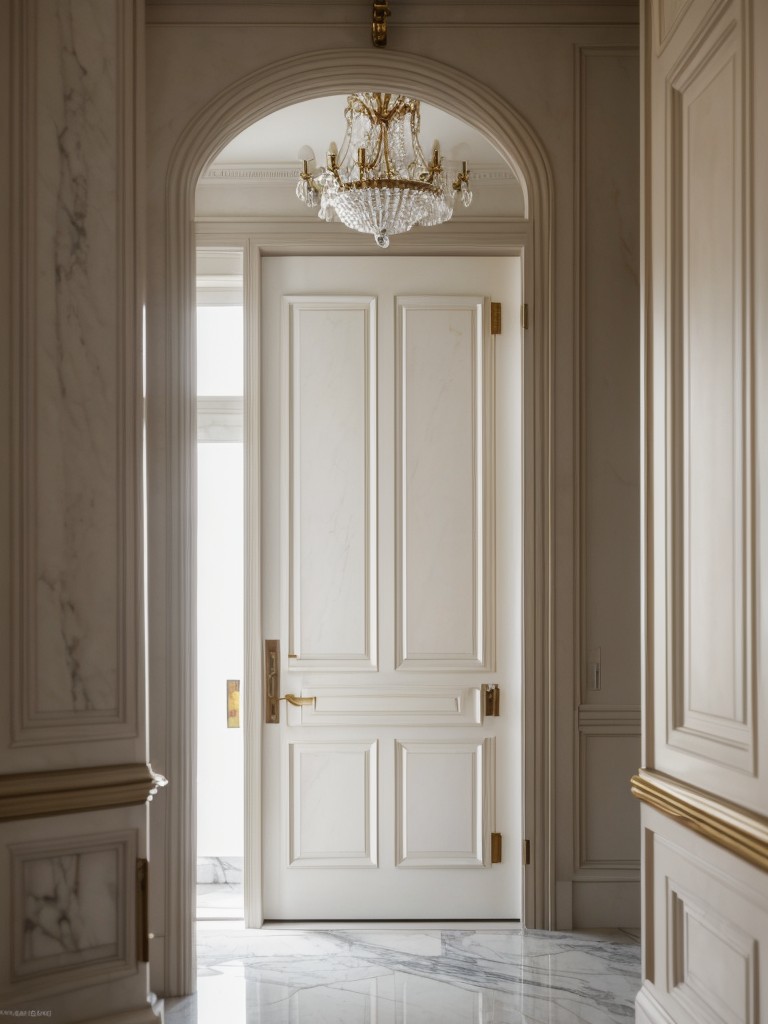 Infusing elegance into the entrance with a grand chandelier, marble accents, and a luxurious door handle.