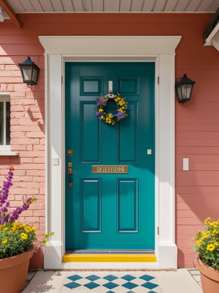 Making a bold and whimsical statement with a bright and patterned front door, complemented by colorful flower pots and quirky decorative items.