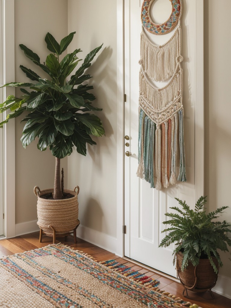 Showcasing a boho vibe with a macrame wall hanging, hanging planters, and a colorful doormat.