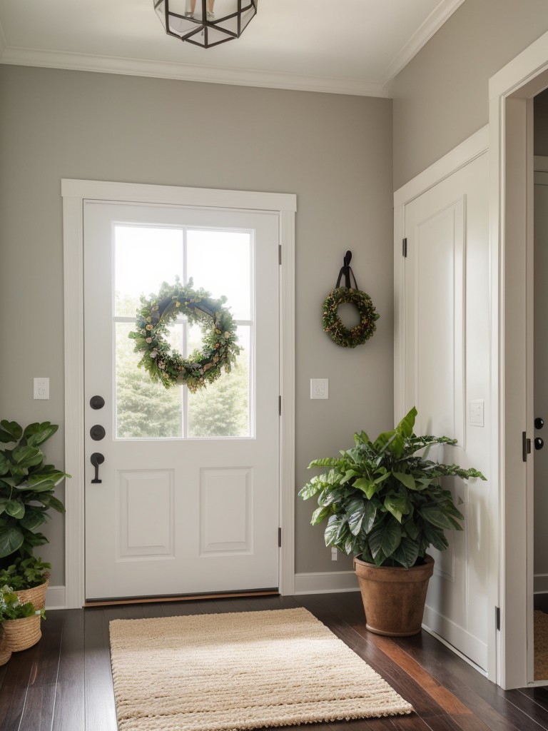 Welcoming entryway with a statement wreath, potted plants, and stylish doormat.