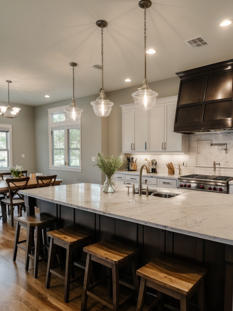 Consider a dual-purpose kitchen island that can serve as both a workspace and a breakfast bar.