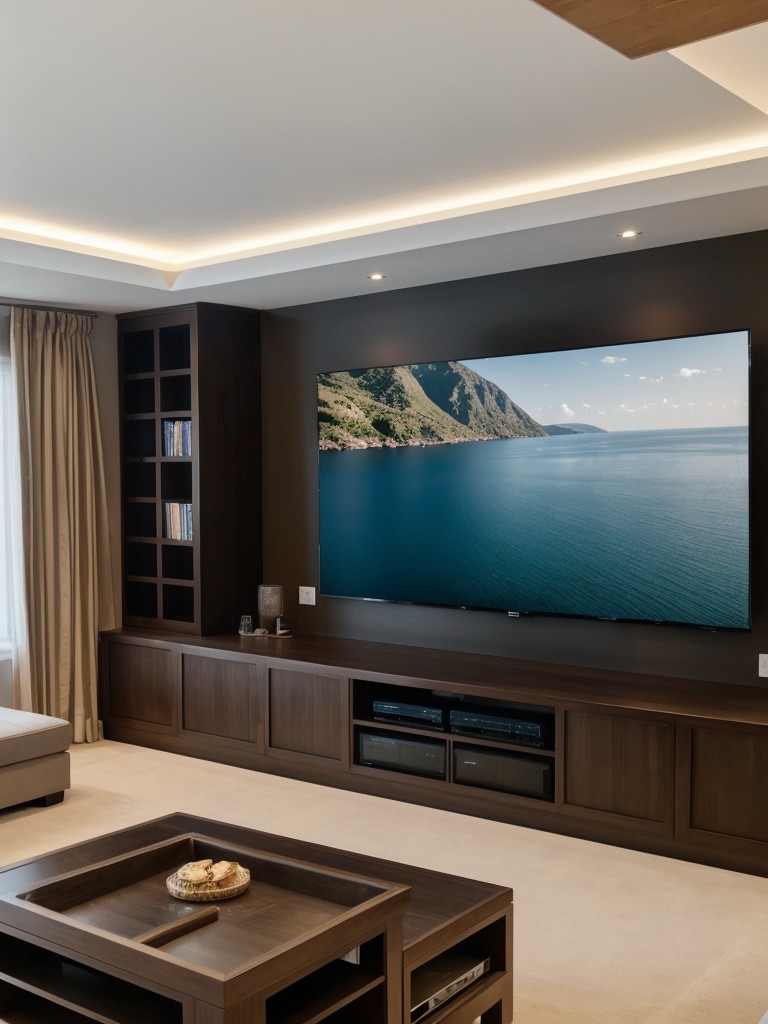 Consider installing a wall-mounted TV or projector for a stylish and space-saving entertainment setup.