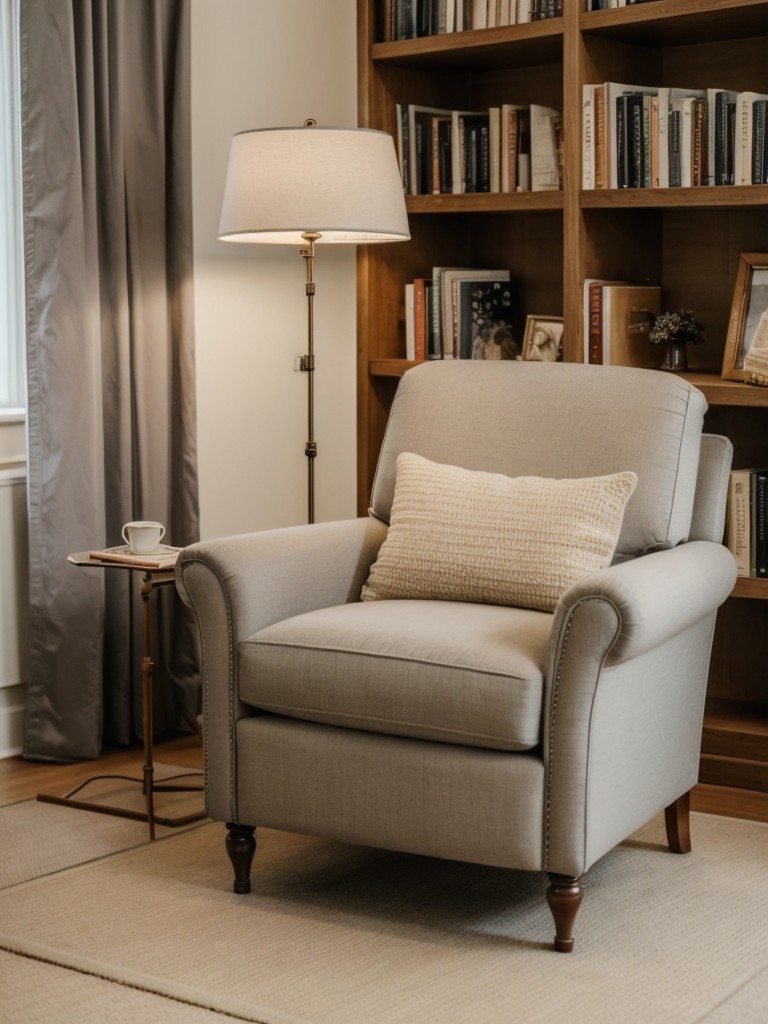 Create a cozy reading corner with a comfortable armchair, a floor lamp, and a small bookshelf for keeping favorite reads within reach.