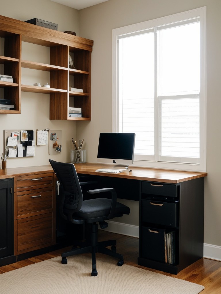 Incorporate a home office nook with a sleek desk, comfortable chair, and plenty of storage to accommodate both work and personal needs.