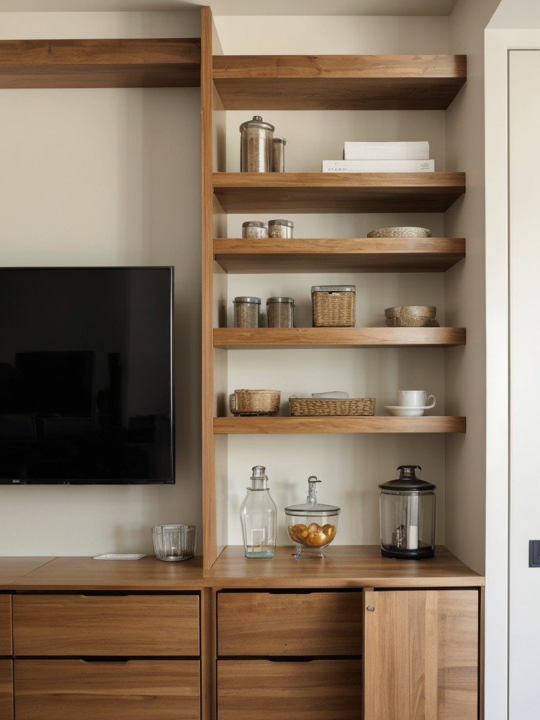 Utilize space-saving storage solutions, like floating shelves or built-in cabinetry, to keep the apartment organized and clutter-free.