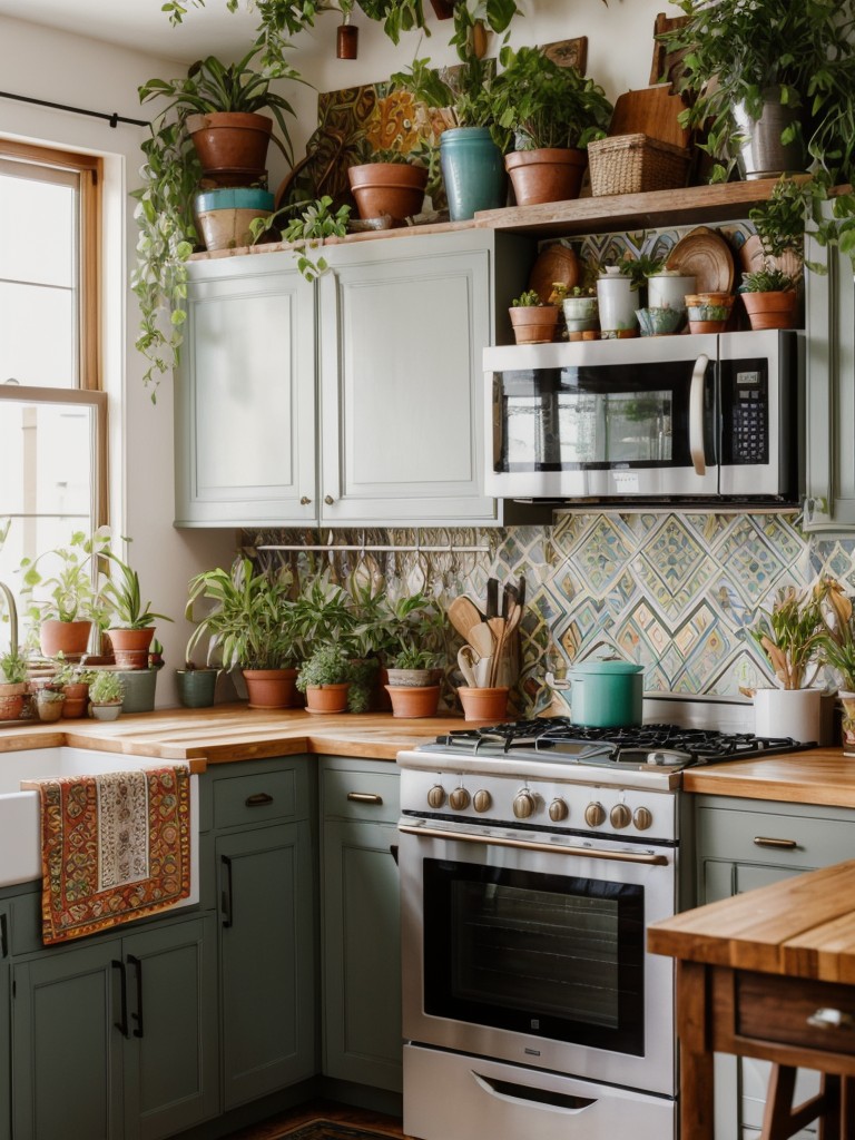 Bohemian-inspired kitchen with vibrant patterns, plants, and eclectic accessories to add a playful and artsy atmosphere.