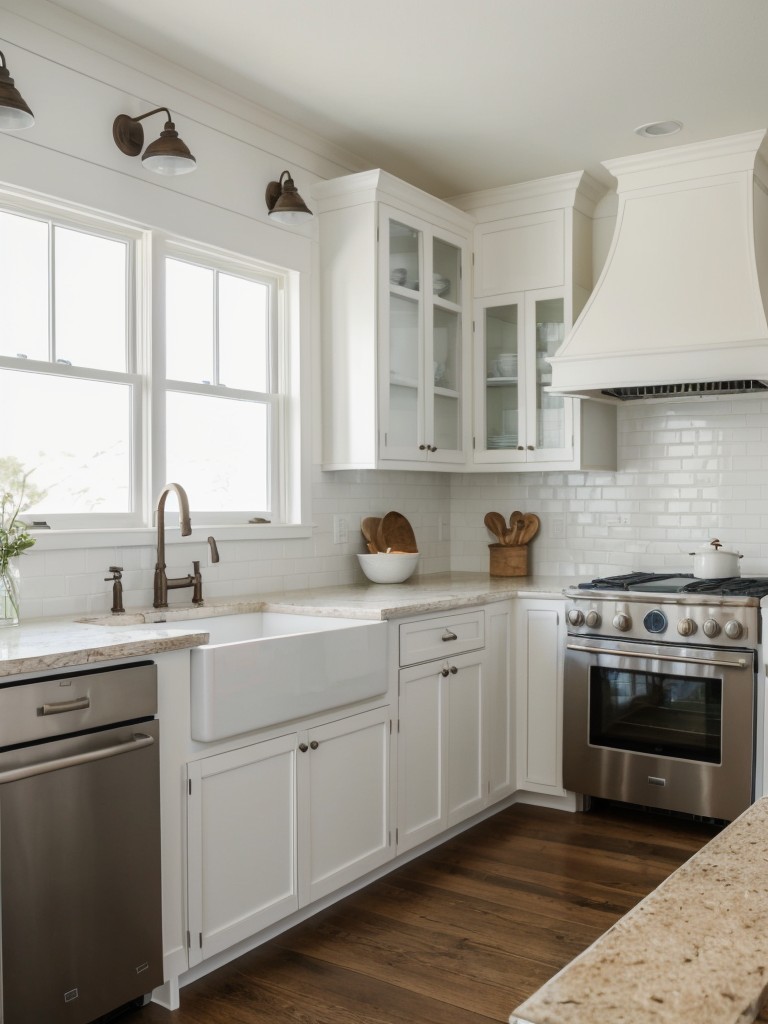Coastal farmhouse kitchen with white-washed cabinets, natural wood accents, and beach-inspired decor for a breezy and coastal vibe.