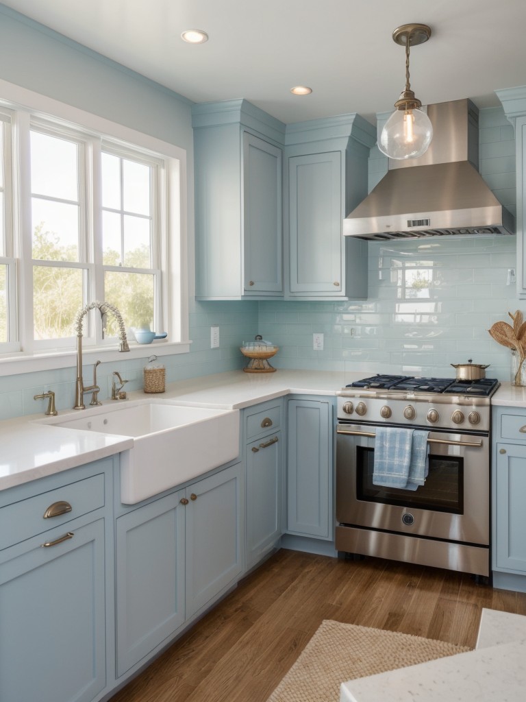 Coastal kitchen design featuring light blue accents, nautical motifs, and natural textures to evoke a serene and beachy ambiance.