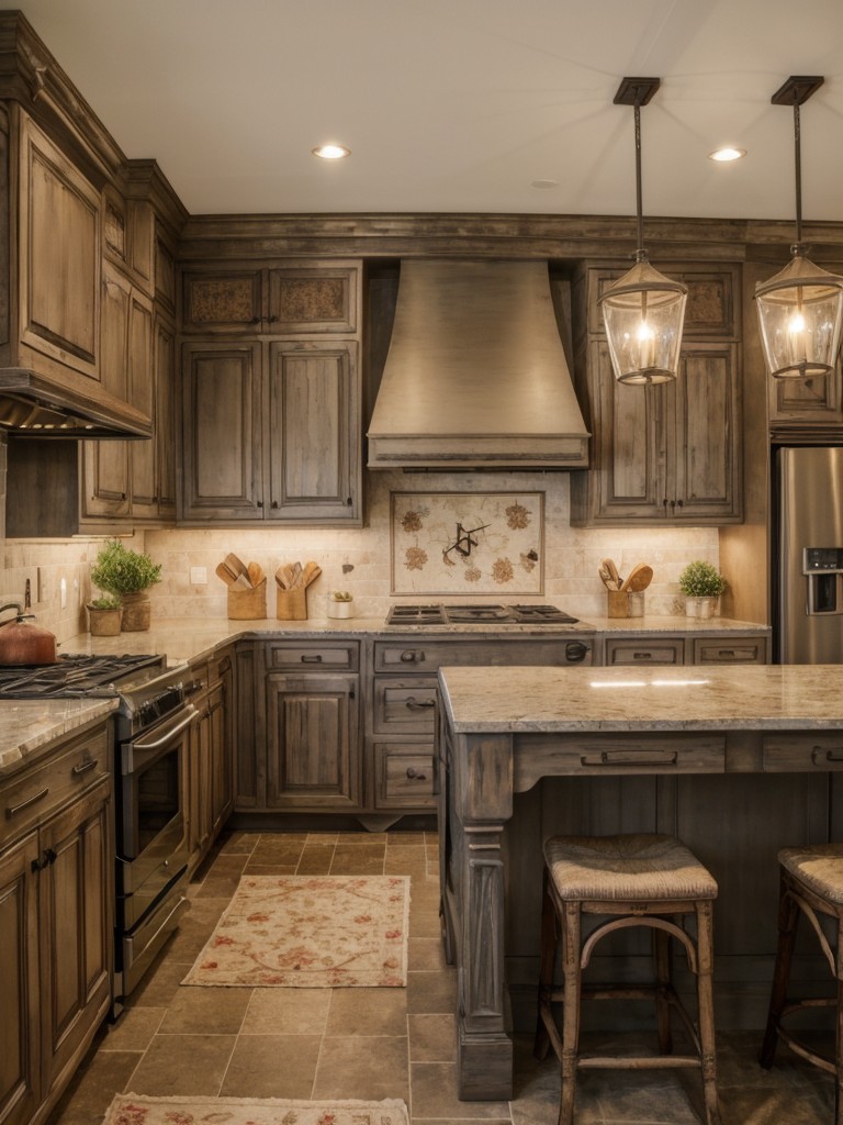 French country kitchen with distressed finishes, floral patterns, and warm, inviting colors for a cozy and charming ambiance.