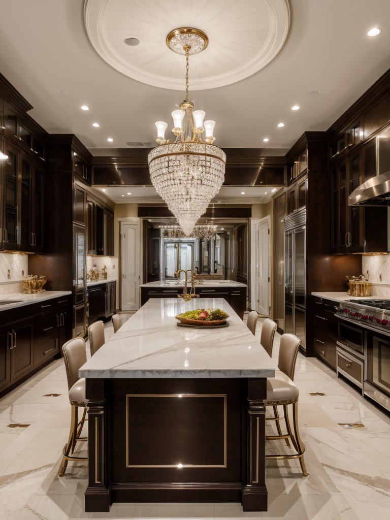 Glamorous Hollywood Regency kitchen with mirrored backsplashes, crystal chandeliers, and luxe materials for an elegant and opulent look.